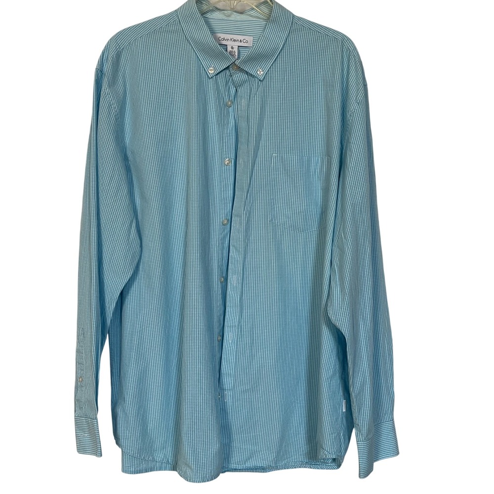 Calvin Klein Mens XL Lt Blue aqua check Button Down Shirt Long Sleeve Cotton - Picture 3 of 13